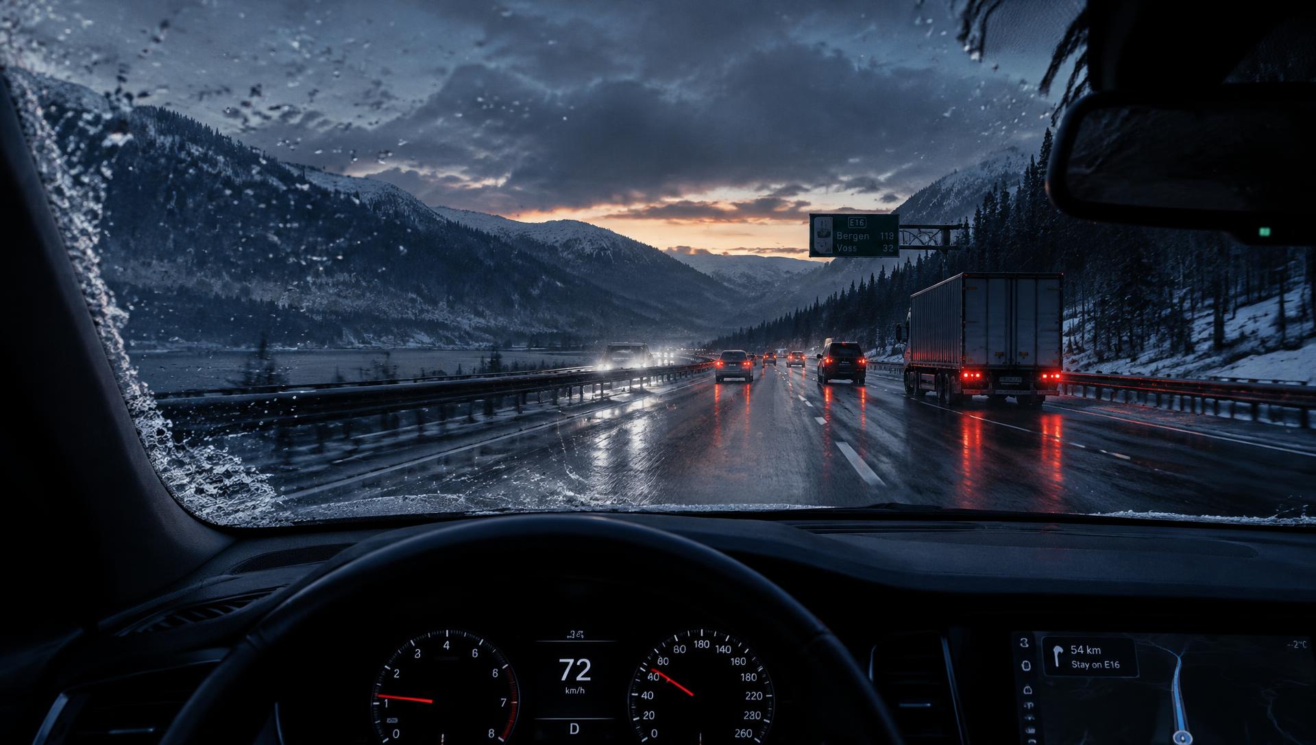 Clear windshield in heavy rain on a mountain highway